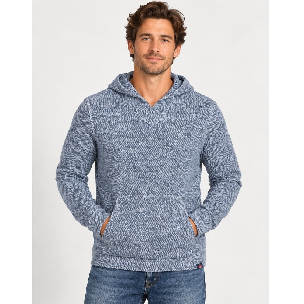 Faherty Brand Blue Herringbone Knit Hoodie Mens XL Pullover Kangaroo Pocket